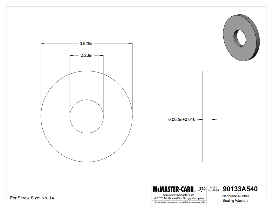 Technical Drawing of Neoprene Rubber Sealing Washers, for Number 14 Screw Size, 0.625" OD, 0.046" to 0.078" Thick.
